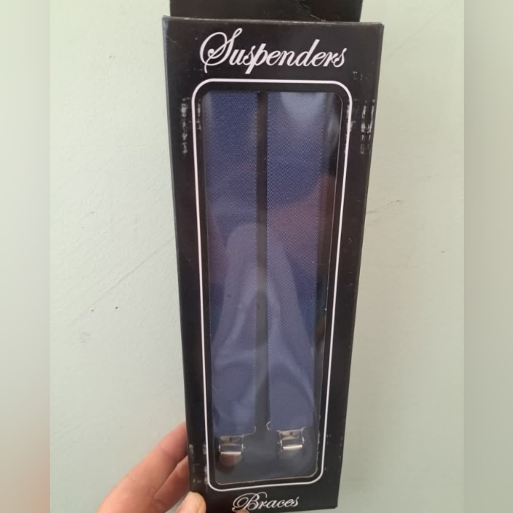 Jim's Formalwear Indigo Blue Clip Suspenders. Adult Sized. New In Box